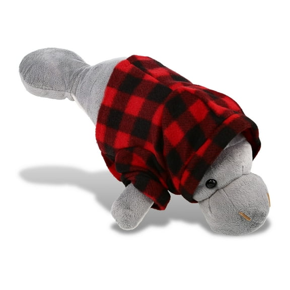 DolliBu Super Soft Grey Manatee Stuffed Animal with Plaid Red Hoodie Sweater - Cute Manatee Plush Lumberjack Stuffed Toy with Plaid Jacket Dress Up for Christmas, Holiday, Winter - 15 Inches