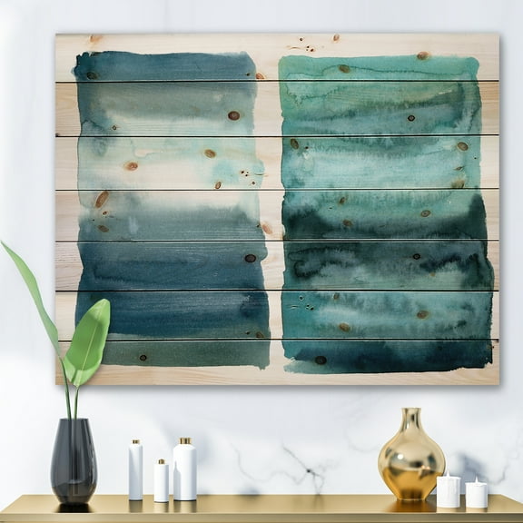 Designart 'Abstract Blue Ocean Aquatic Impression II' Modern Print on Natural Pine Wood