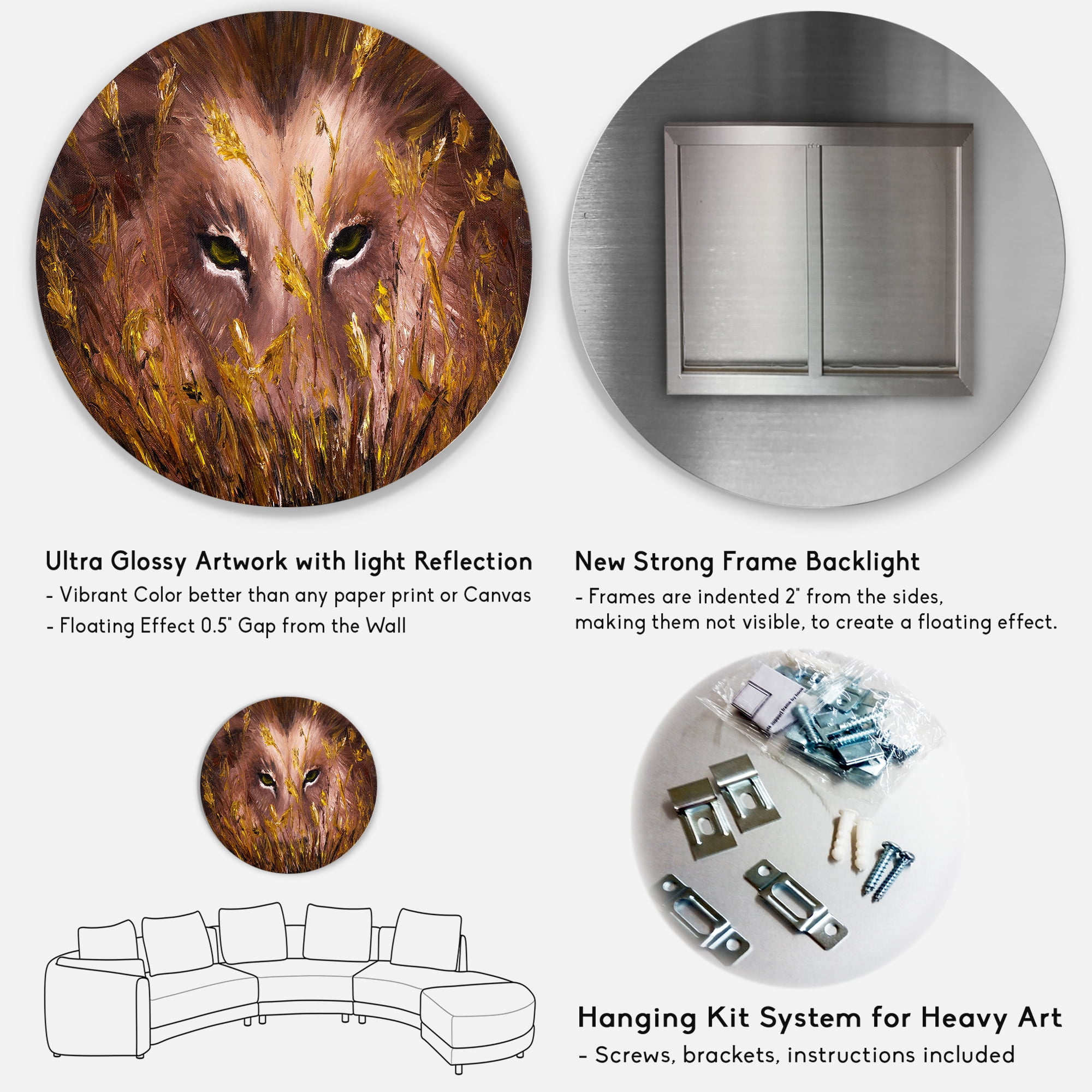 Designart 'Close Up Of Wolf Eyes In The Grass' Farmhouse Circle Metal Wall Art 36x36 - Disc of 36