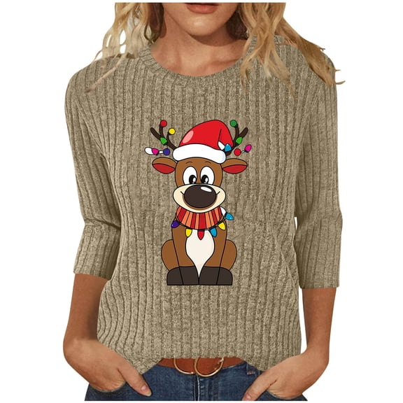 qucoqpe Women's Christmas Tree Tops Soft Ribbed Pullover Top, Casual Round Neck 3/4 Sleeve Sweaters for Women