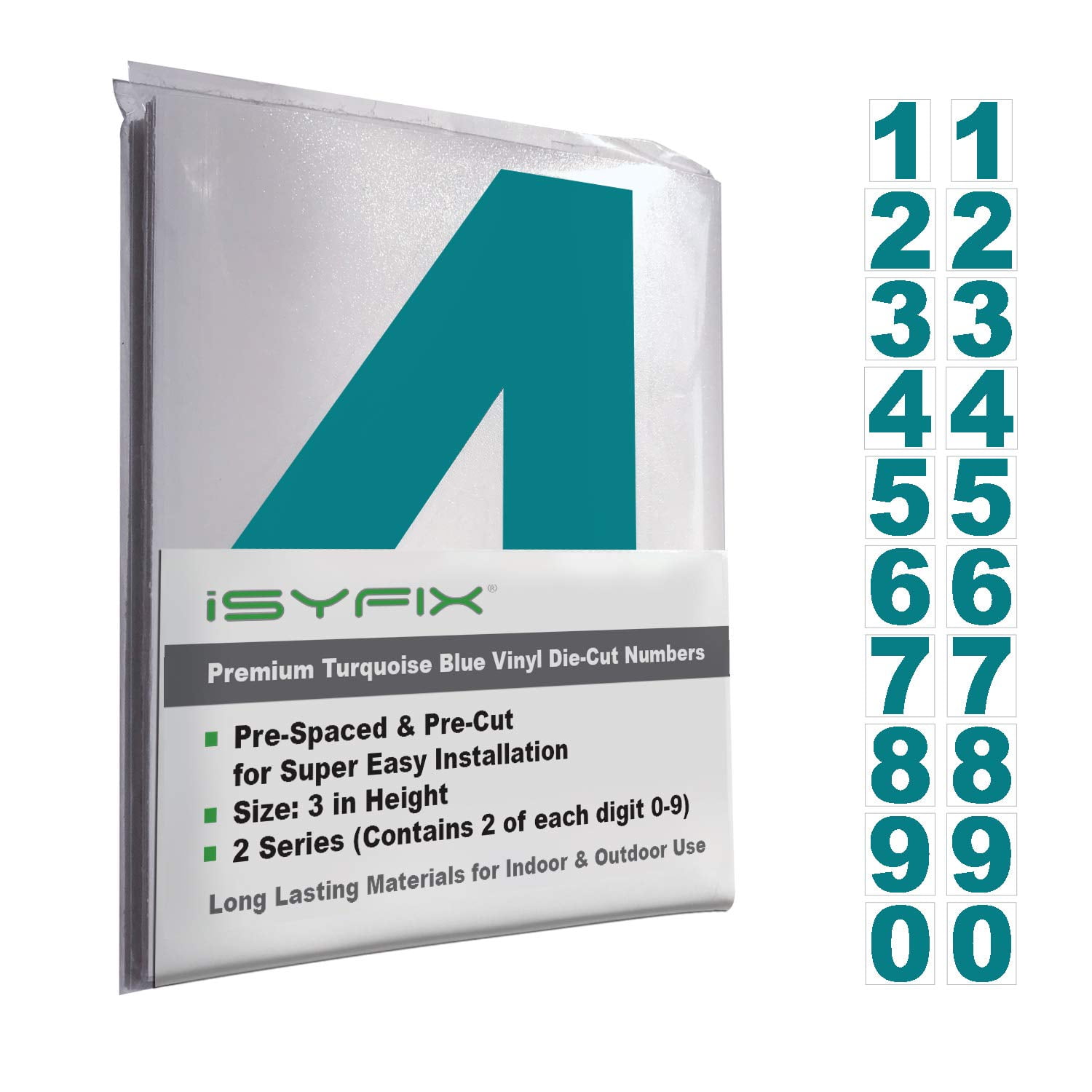 iSYFIX Turquoise Blue Vinyl Numbers Stickers 3 Inch Self Adhesive 2 Sets Premium Decal Die