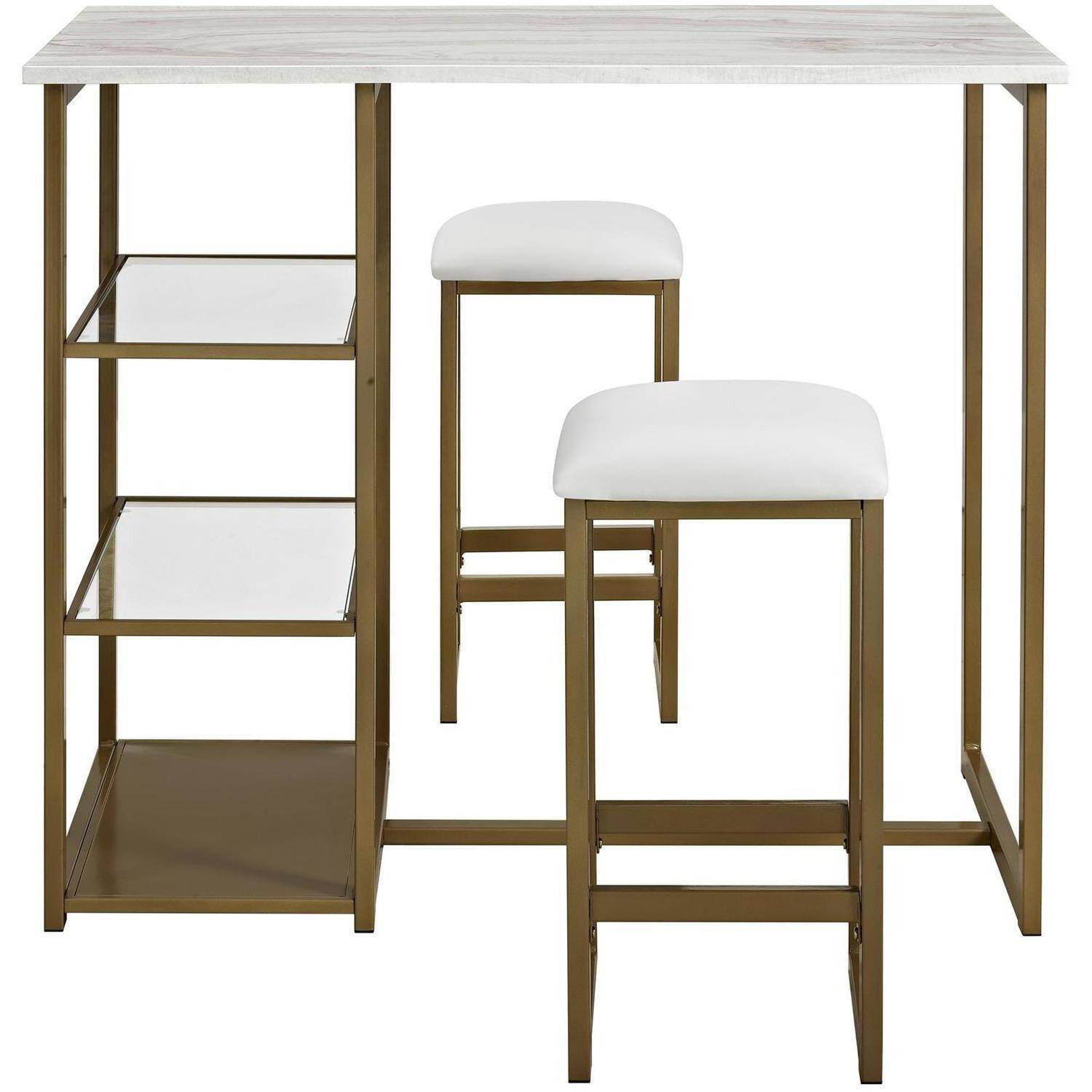 Dorel Living Tanner 3-Piece Brass Pub Set with Faux Marble Top White