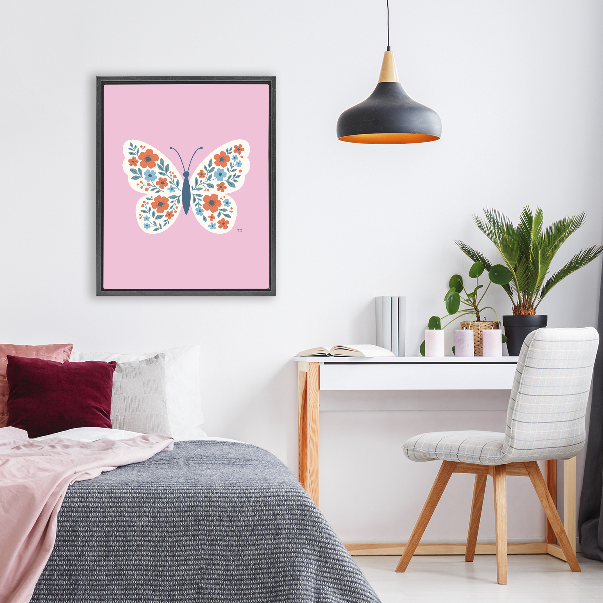 Boho Pink Floral Butterfly Black Framed Floater Canvas Wall Art, design by Jessica Beck