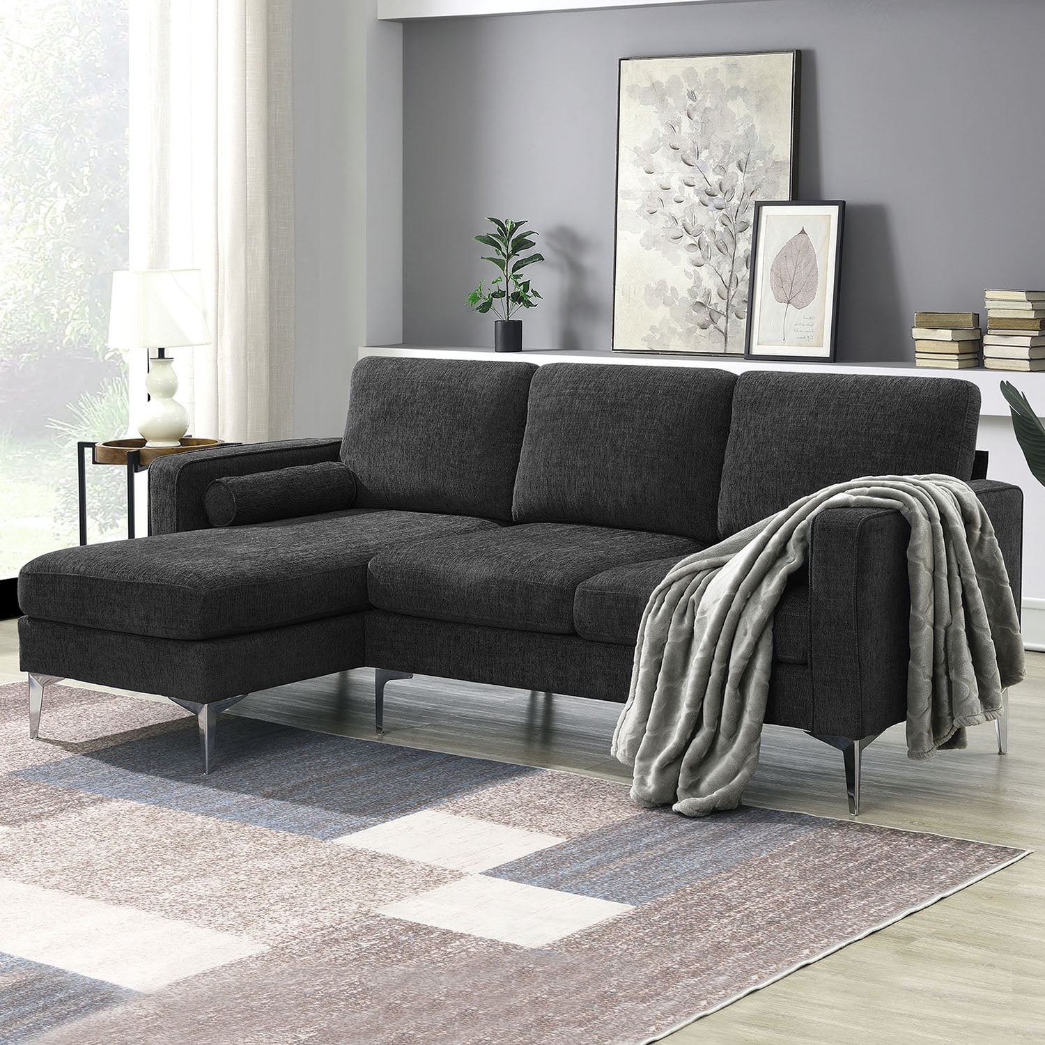 Kadyn 86" Convertible Sectional Sofa, Modern Chenille Fabric Sofa with Reversible Chaise and 2 Pillows, L-Shaped 3-Seat Sofa for Apartment, Dark Grey