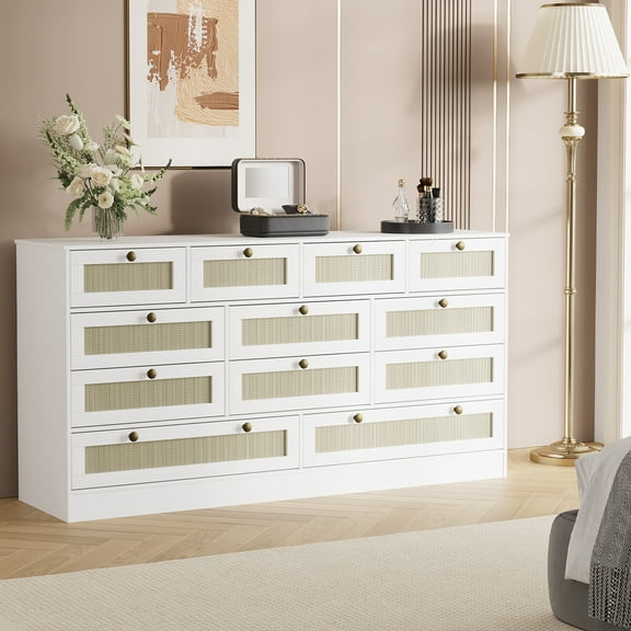 Wood Dressers for Bedroom with 12 Rattan Drawers, 61" Wide Chest of Drawers for Living Room, Hallway, Wooden Closet Dressers, Modern TV Stand Dresser for 65 inch TV