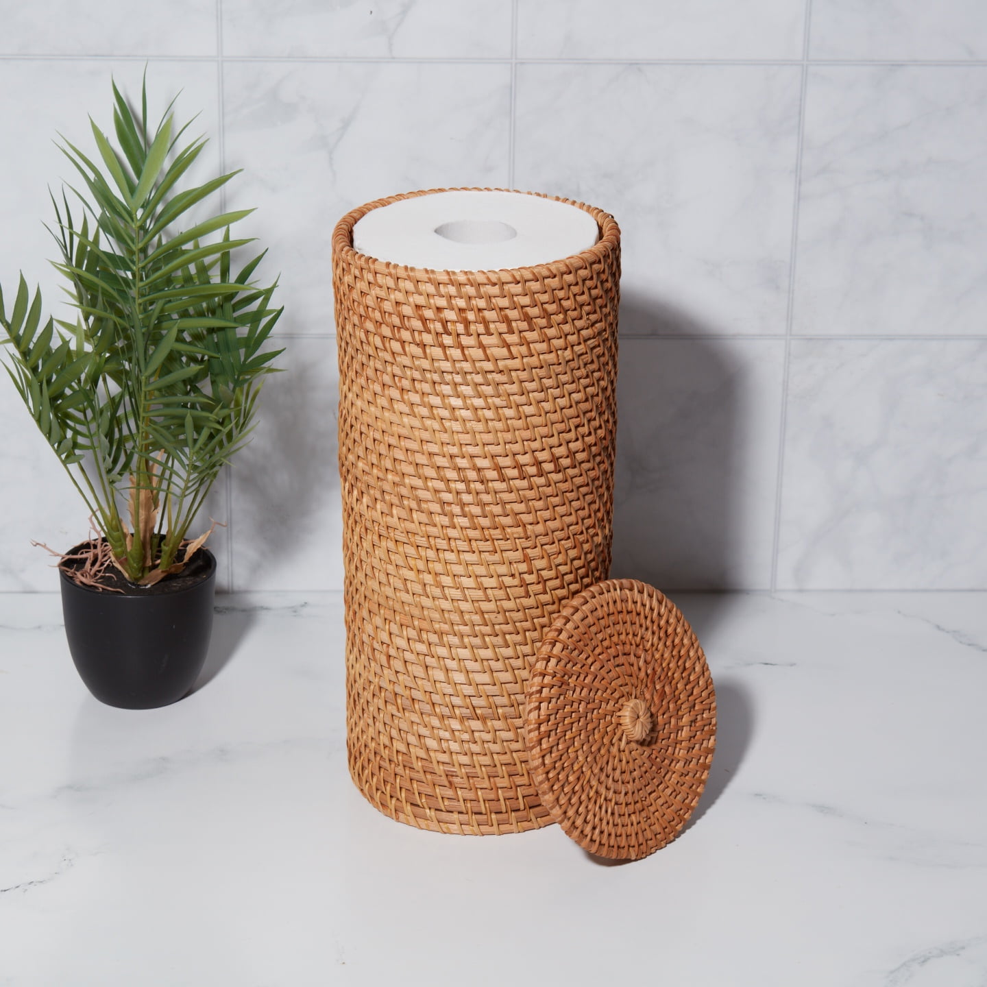 Better Homes & Gardens Floor Standing Toilet Paper Reserve with Lid, Rattan