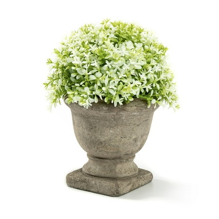 Fake Topiary Mini Lifelike Artificial Topiary Fake Green and White Leaves Arrangements with Trophy Design Paper Pulp Pot for Home Decor ()