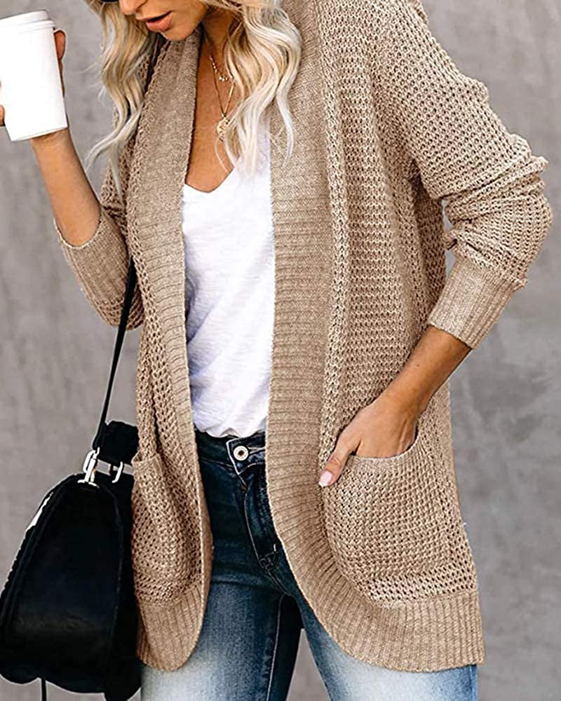 Flovey Womens Long Sleeve Open Front Cardigans Chunky Knit Draped Sweaters Outwear with Pockets