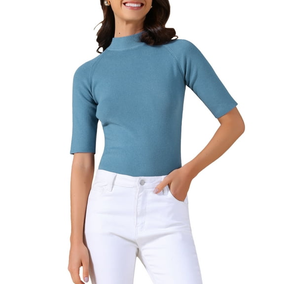 INSPIRE CHIC Women's Mock Neck Sweater Lightweight Slim Fit Half Sleeve Knit Pullover Tops XS Dusty Blue