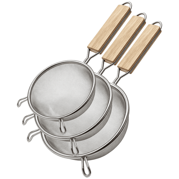 3 Pack Stainless Steel Fine Mesh Strainer Set, Food Sieve Colander with Wooden Handles, Kitchen Strainer for Pasta Baking Fruits
