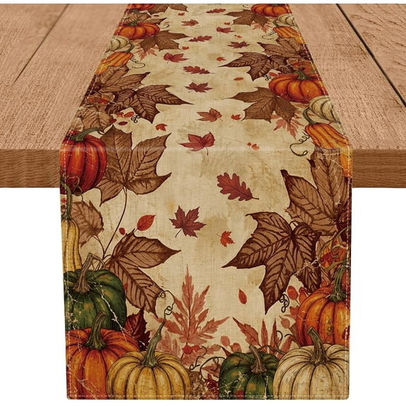 Fall Table Runner Maple Leaf Pumpkin Seasonal Autumn Burlap Table Decoration Vintage Table Decor for Thanksgiving Kitchen Dining Holiday Party 13x72 Inch