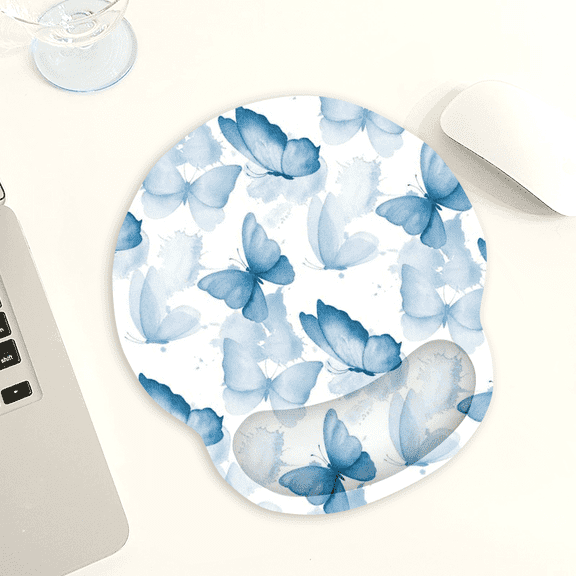 Blue Watercolor Butterfly Mouse Pad Wrist Support,Ergonomic Mouse Pad with Wrist Rest,Smooth Surface and Non-Slip PU Base for Pain Relief, Laptop, Office & Home