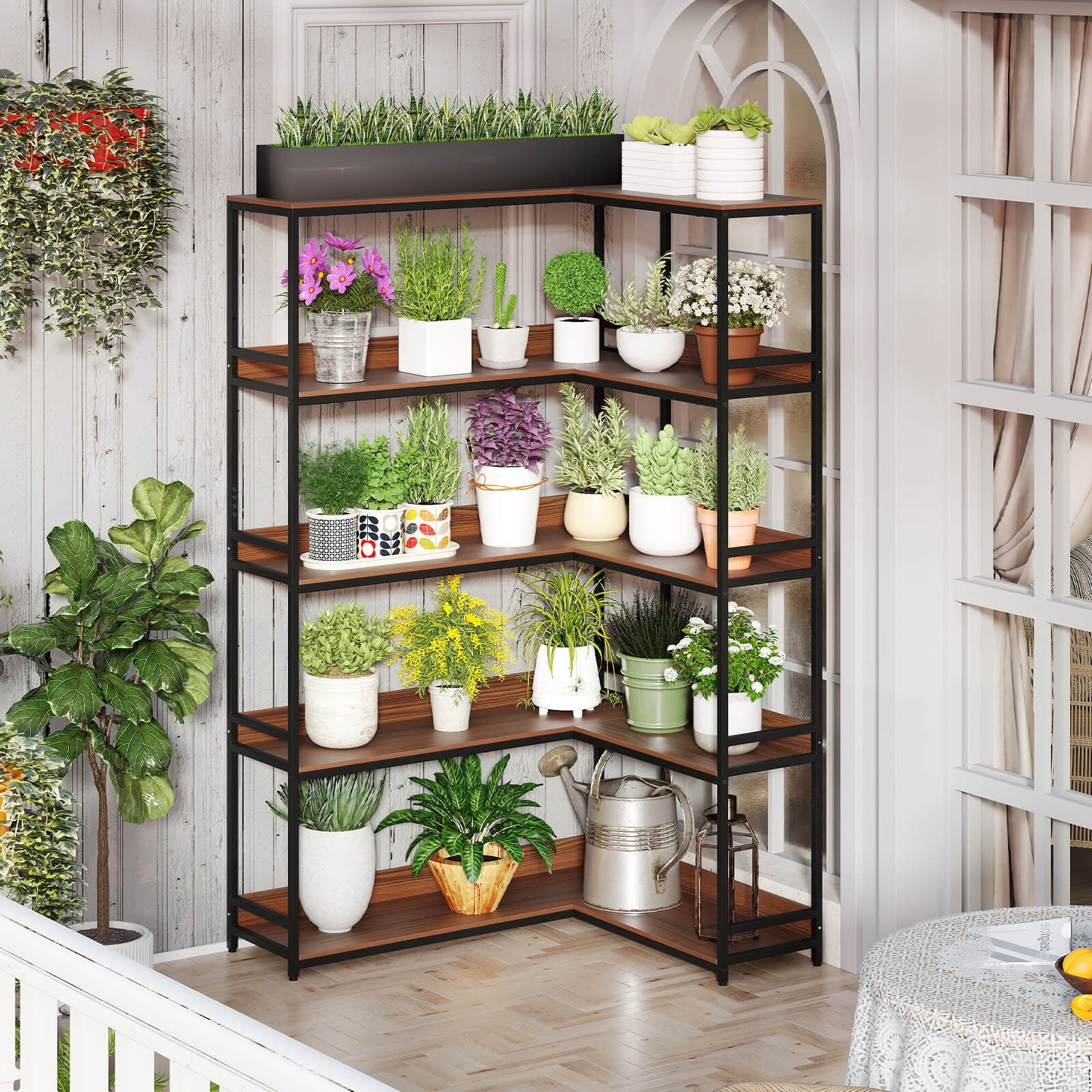 Costway Corner Bookshelf 5-Tier L-Shaped Bookcase 71" Tall Etagere Bookshelf Walnut