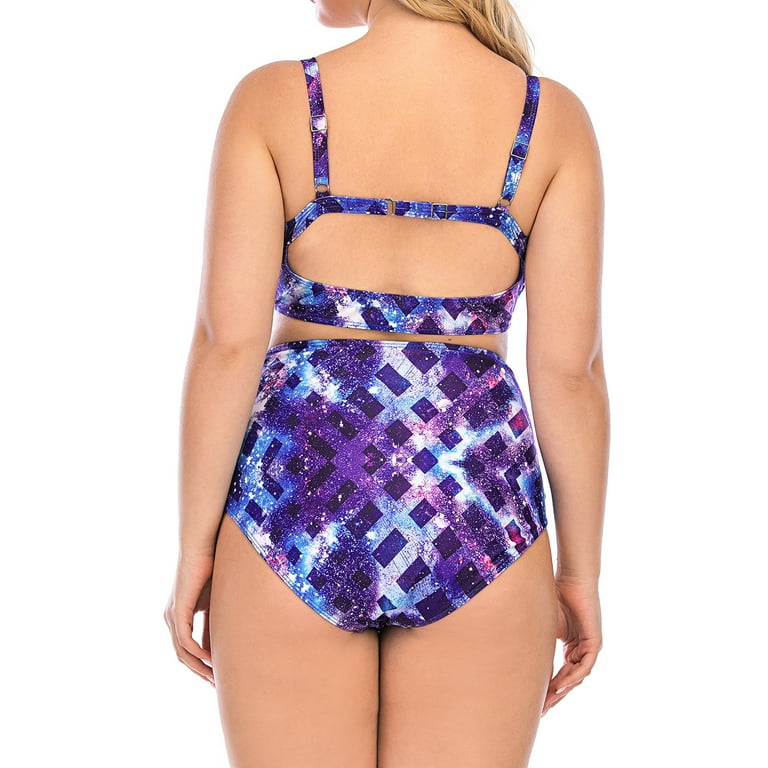 ZQGJB Plus Size Swimsuit for Women Galaxy Print High Waist Tummy Control  Bikini Set Two-Piece Swimwear with Bandage Swim Bottoms Bathing Suits Purple,4XL  