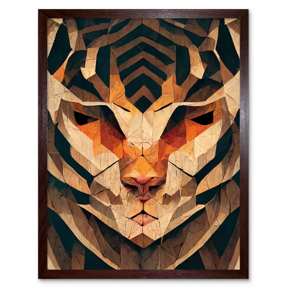 Geometric Tiger Head Wood Carving Art Print Framed Poster Wall Decor 12x16 inch