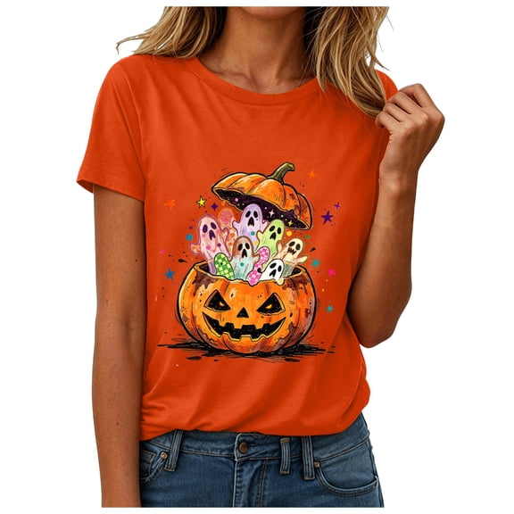 Halloween Shirt for Women Pumpkin Ghost Short Sleeve Fall, Fashion Print T Shirt Round Neck Tee Printing Loose Top, Orange XXXL