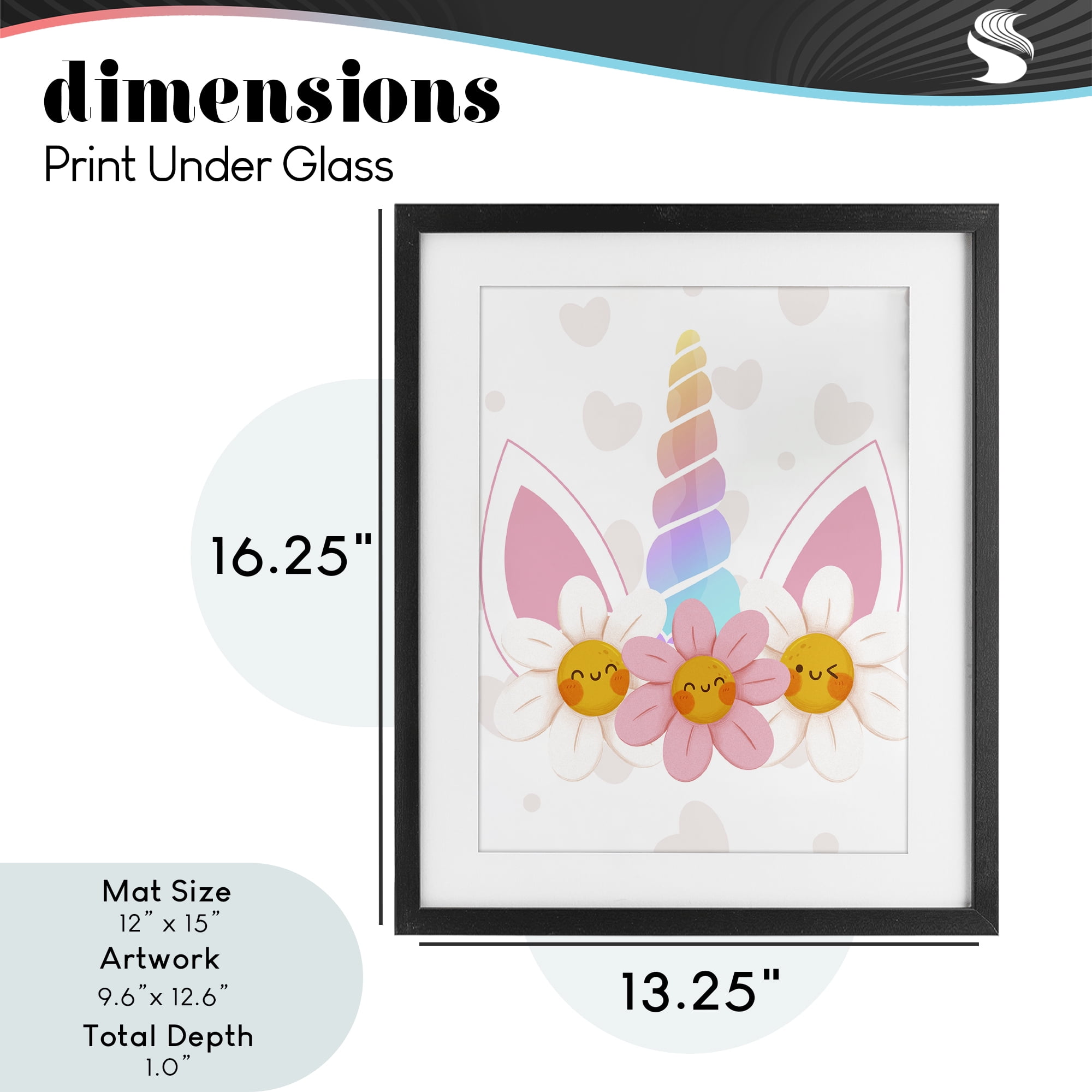Daisy Unicorn with Hearts Black Framed Print Under Glass, design by Jesse Keith
