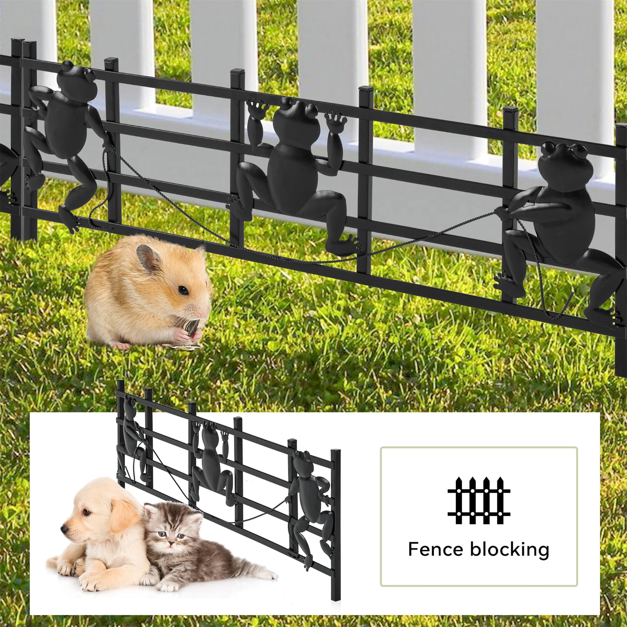 Decorative Garden Fence 15 Pack, 8in(H) X 24ft(L) Animal Barrier Border, Rustproof Metal Dogs Rabbits Fencing Panel for Outdoor Patio Garden Yard, Frog Shape