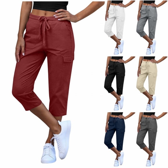 Kelon Women's Casual Pants, Womens Capris with Pockets Loose Fit Casual Capri Pants Dressy Lightweight Ladies Baggy Cargo Pants for Hiking, S