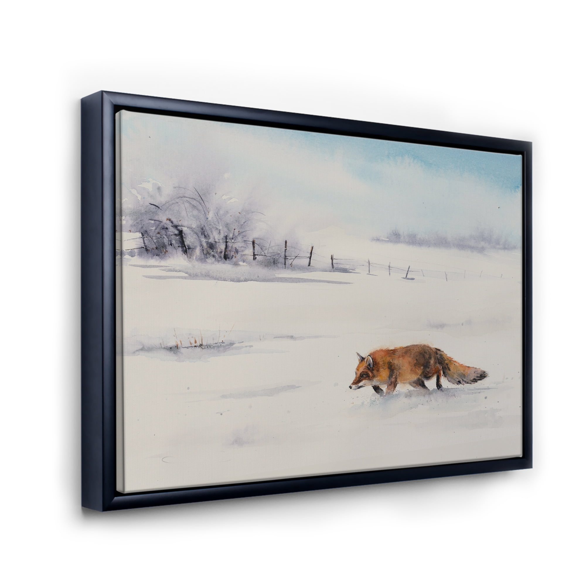 Designart 'Red Fox Running In White Snow in Countryside I' Farmhouse Framed Canvas Wall Art Print