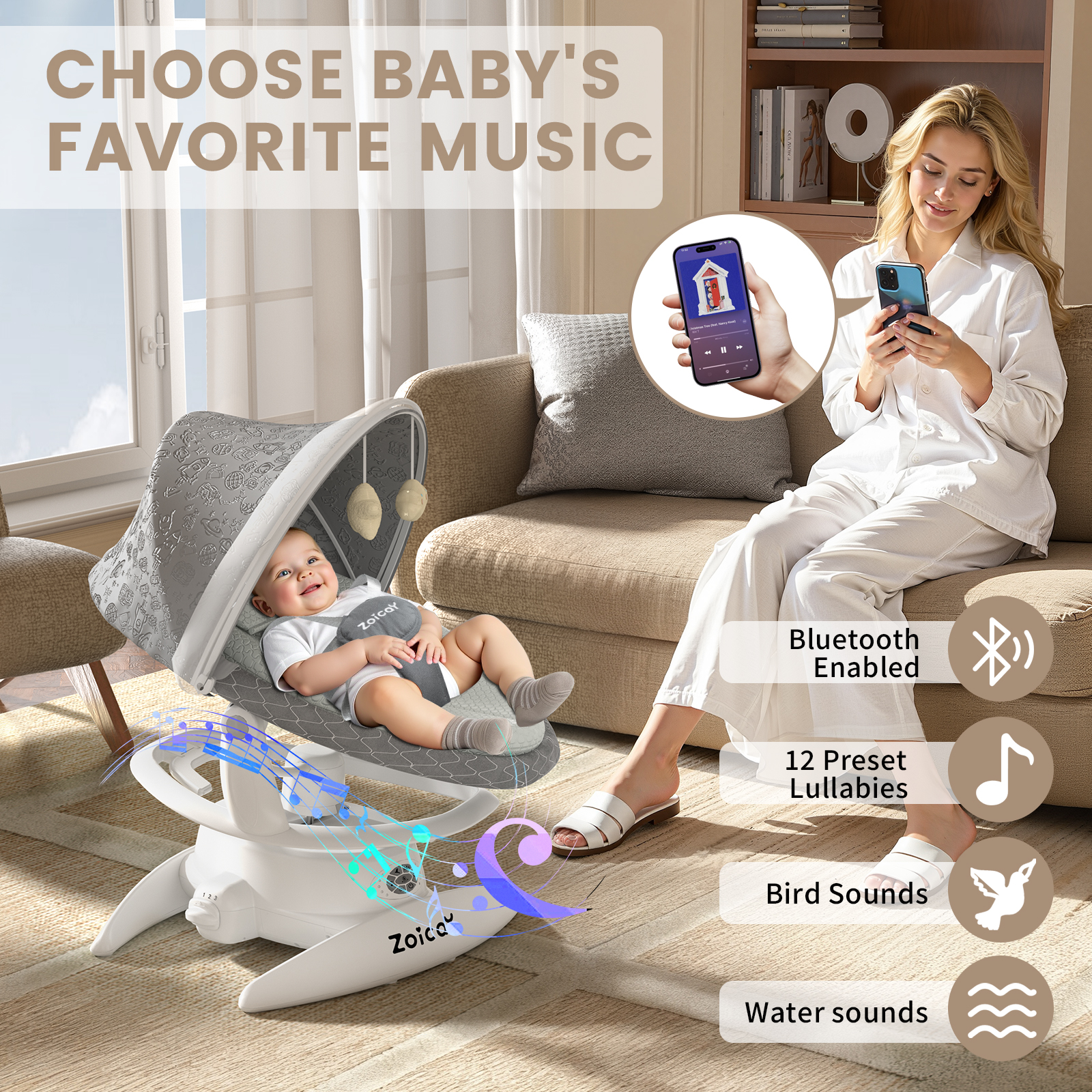 Zoicay Baby Swing, Baby Rocker Stationary Seat Infants Swing 3-IN-1 Design, Motion Detection, 5 Speeds & 3 Modes, 12 Melodies & Bluetooth Music, Gray