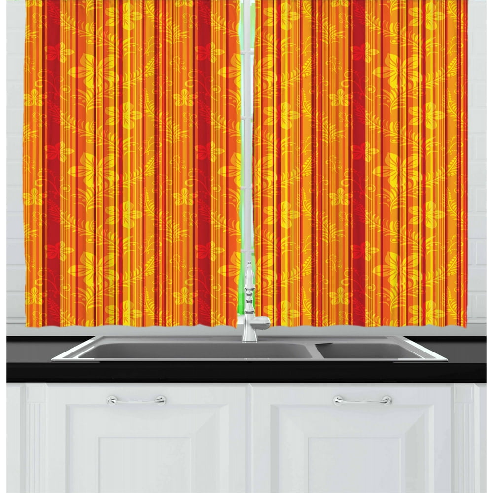 Orange Curtains 2 Panels Set, Vertically Stripes Pattern with Stylized Flowers Swirled Leaves