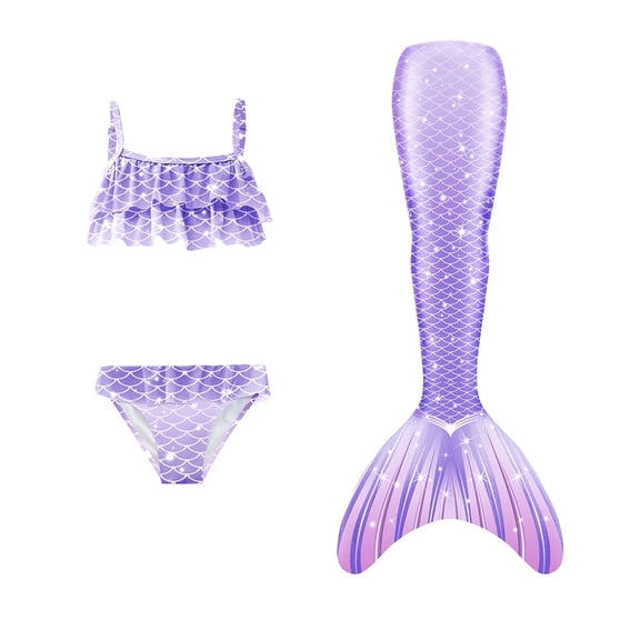 【Uhome】3-12Y Girls Mermaid Bathing Suit 3PCS Cute Ruffle Bikini Swimsuits with Fish Tail Kids Beach Swimwear