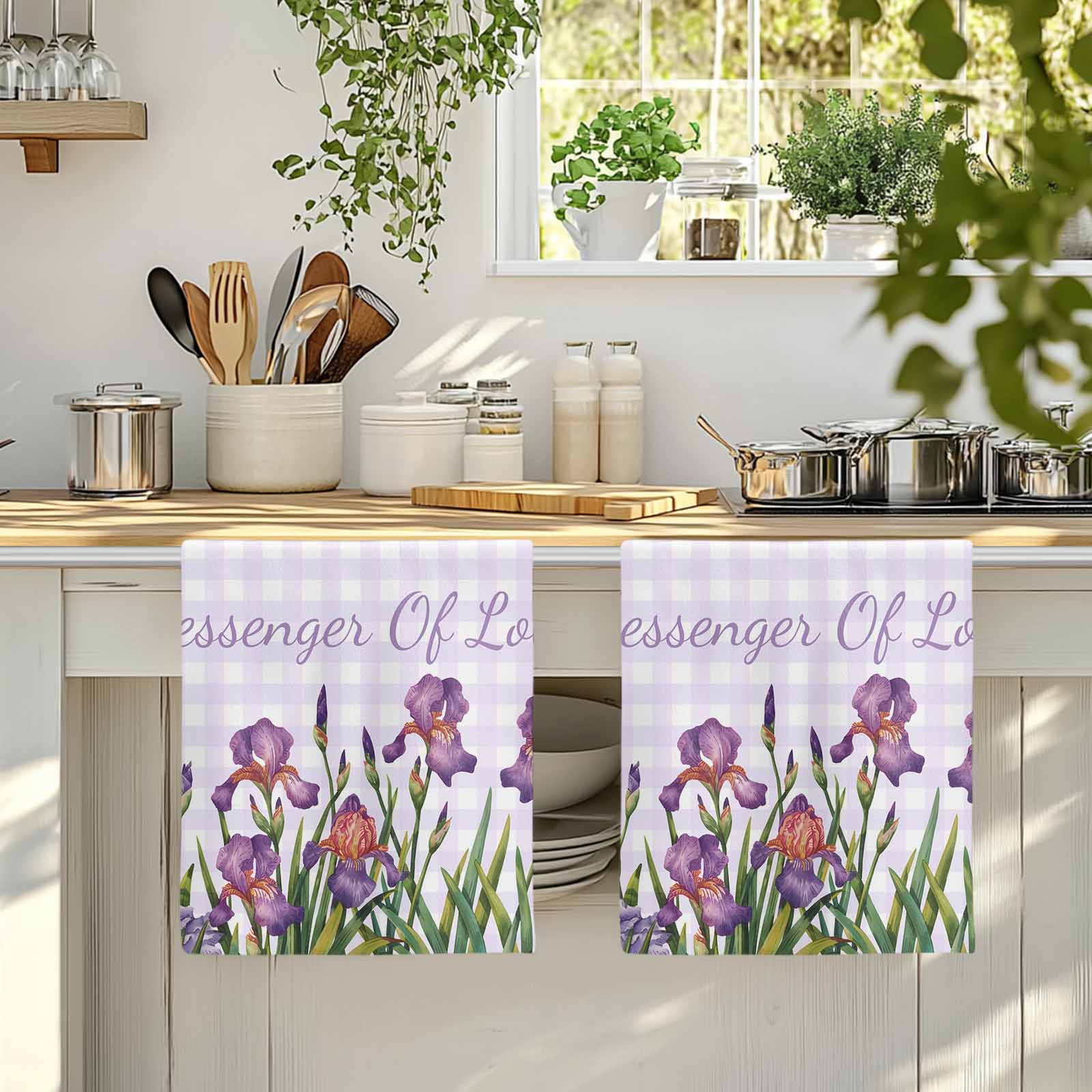 Dish Towels, Iris Flowers Absorbent Kitchen Towels 2 PCS, Floral Purple Buffalo Plaid Microfiber Hand Towels Dish Cloths Tea Towels for Home&nbsp;Bathroom Cleaning Drying,18X28-Inch,