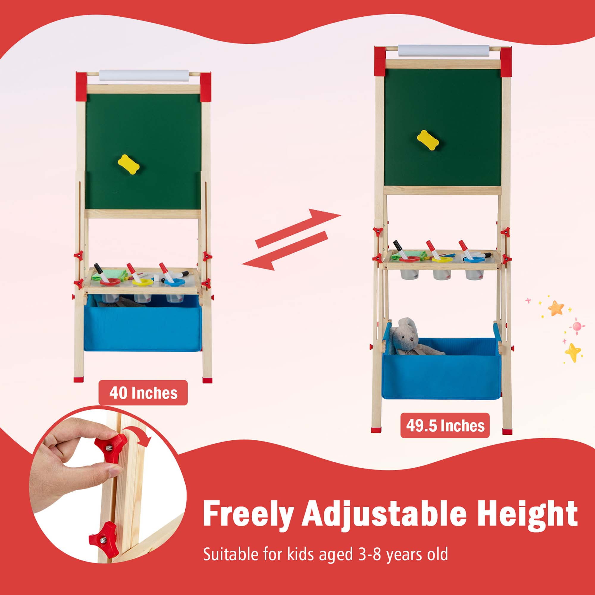 Costway 3-in-1 Kids Art Easel Double-Sided Wooden Adjustable Magnetic Drawing Board