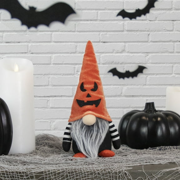 Northlight 9.75" Black and Orange Halloween Gnome with Jack-O-Lantern Hat