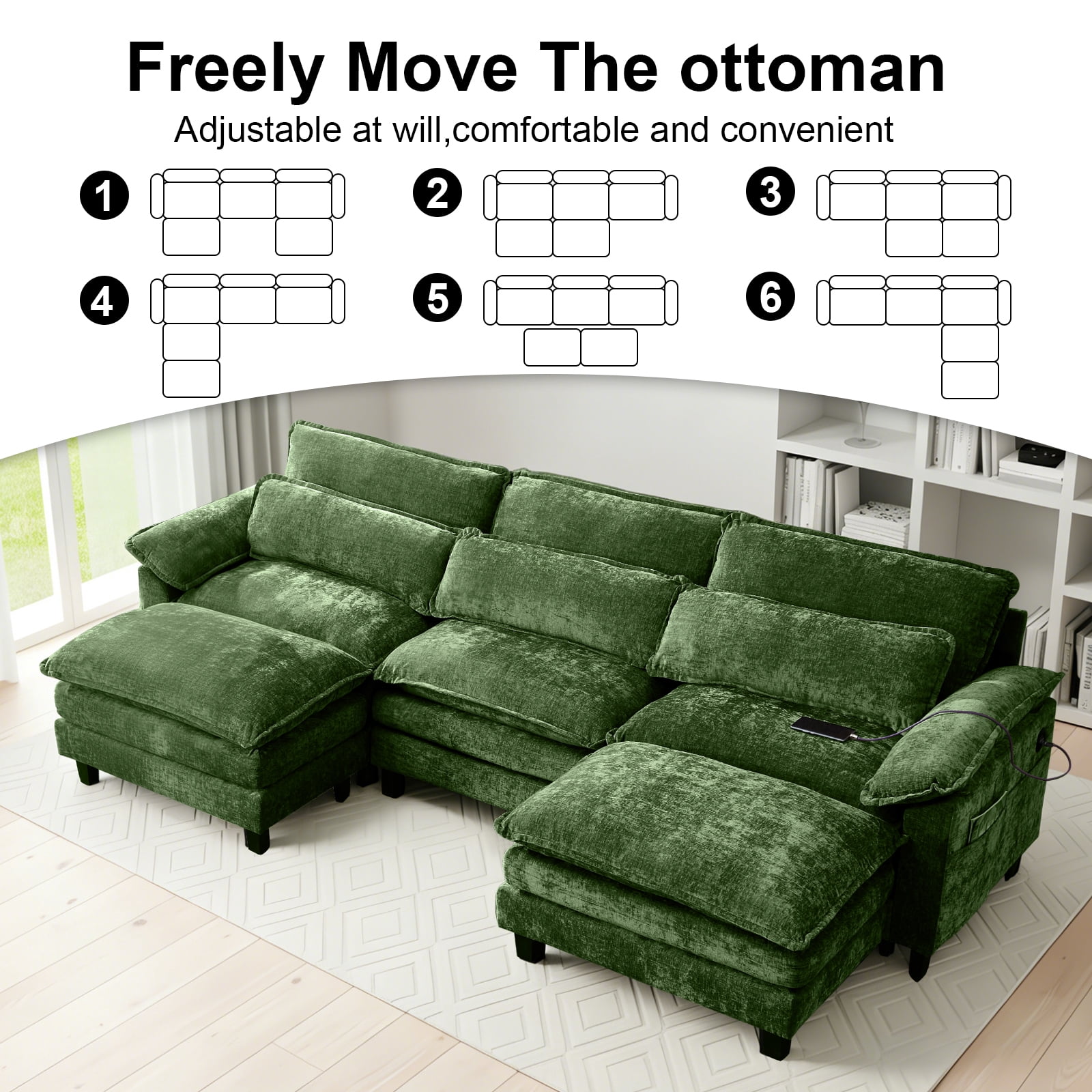 113'' Modular Sectional Sofa,U Shaped Couch with Movable Ottoman, Convertible Sectional Couches with Deep Seat, 3 Seat for Living Room Comfy Cloud Sofa with USB Side Pockets & Charging(Green)