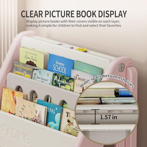 UNICOO® Toddler 3 in 1 Art Board Bookshelf and Organizer, 2-Tier Bookshelves with Storage Rack & Bins, Retractable Drawing Board, Lightweight & Compact for Nursery, Playroom (Pink & White)