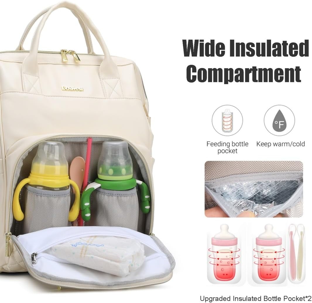 Baby Diaper Bag Backpack, Vegan Leather Diaper Backpack with Laptop Compartment 15.6 inch, Baby Bag Large Capacity, Waterproof Travel Backpack (Beige)