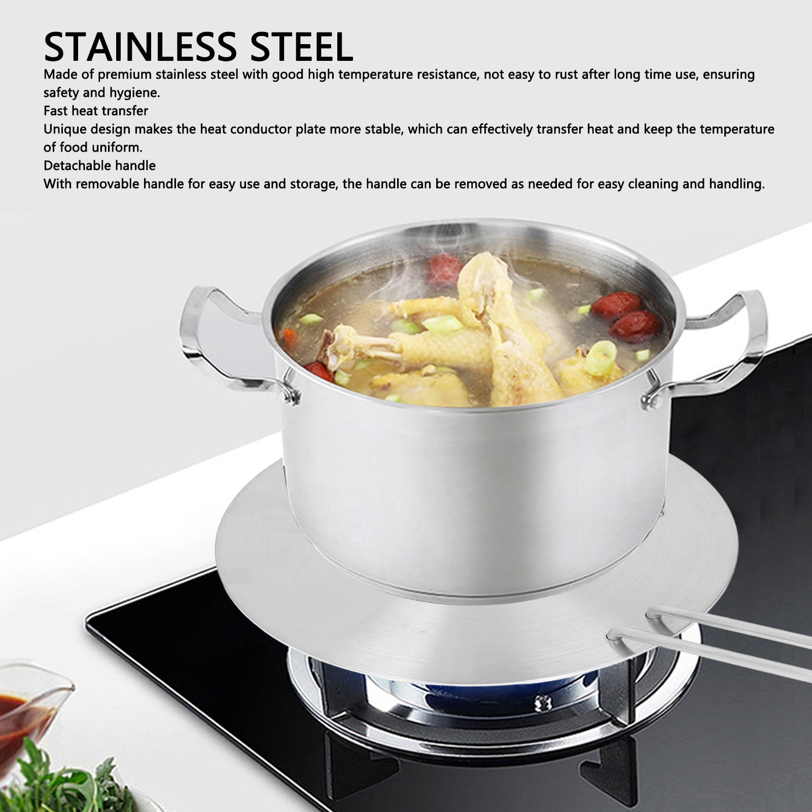 Suodoka Stainless Steel Heat Diffuser Converter with Detachable Handle Round Induction Adapter Plate for Gas Stove Glass Cooktop 7.87 inches / 20 cm