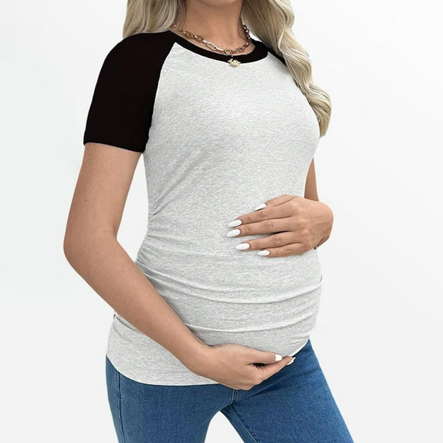 YUNAFFT T-Shirts de Maternité à Blocs de Couleur Col Rond Manches Courtes Extensibles Ajustés Contemporains Décontractés