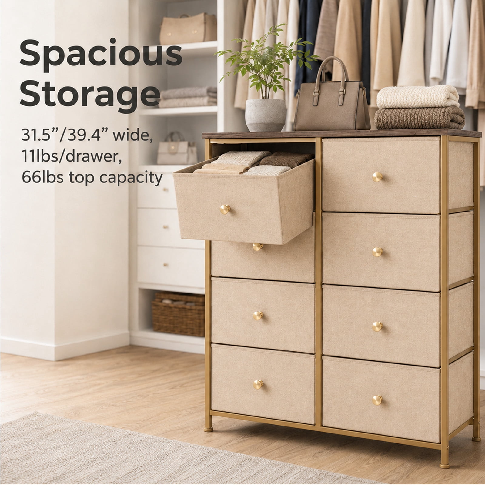Alvantor 8/9 Drawer Fabric Dresser, Storage Tower for Bedroom and Closet, Chest of Drawers with Sturdy Steel Frame & Wooden Top for Living Room, Entryway