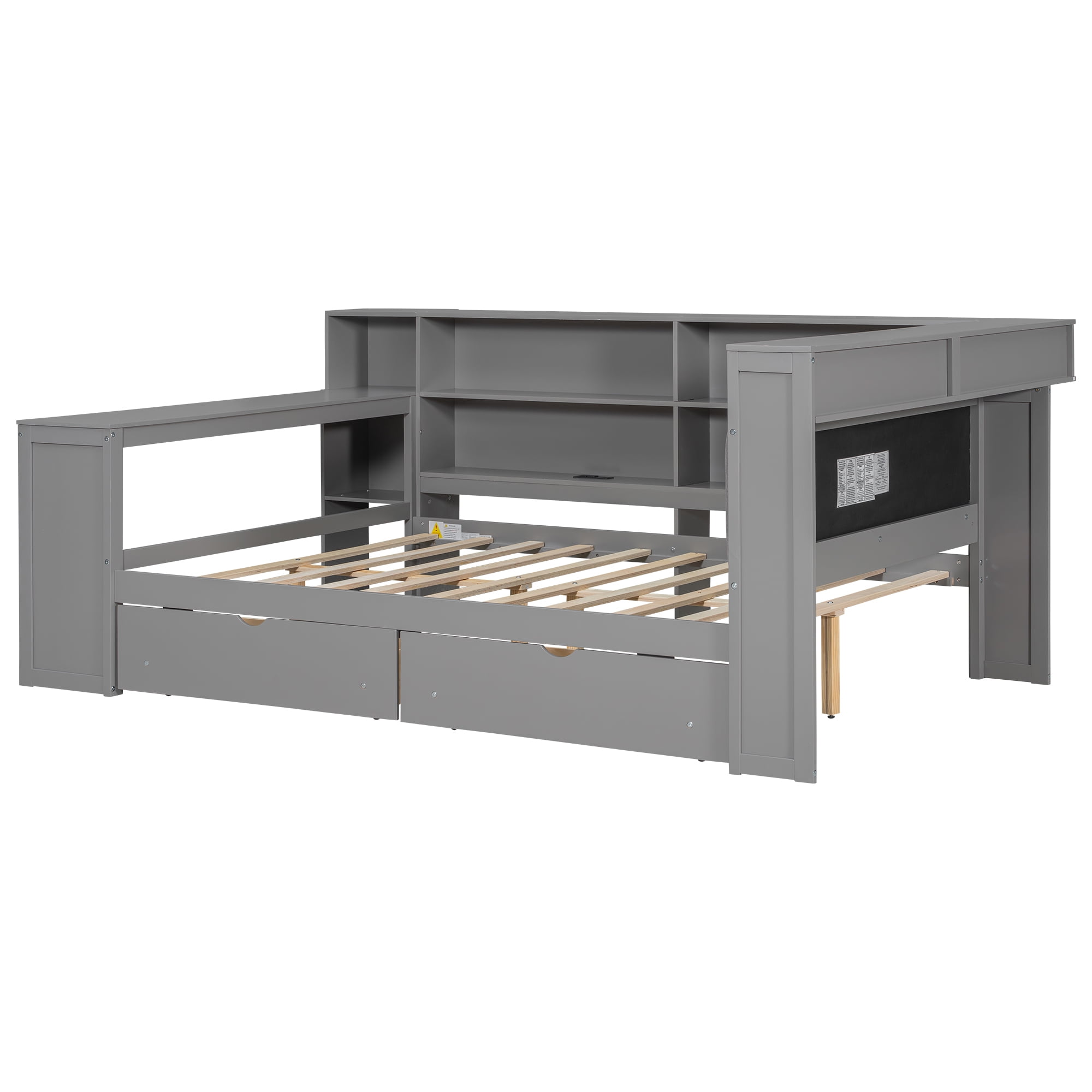 Euroco Wood Full Size Daybed with Desk and Shelves, Captain Bed with Upholstered Headboard, LED Light and USB Charging, Gray