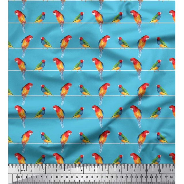 Soimoi polyester Crepe Fabric Stripe & Macaw Parrot Bird Print Sewing Fabric Yard 52 Inch Wide