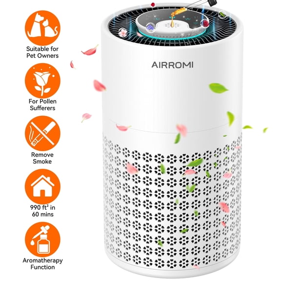 AIRROMI Air Purifier for Home Bedroom, 990 Sq Ft, 3-in-1 Filter HEPA Layer for Pet Hair and Odors, 23 dB Sleep Mode, Aromatherapy, Night Light & Timer, A2001 White