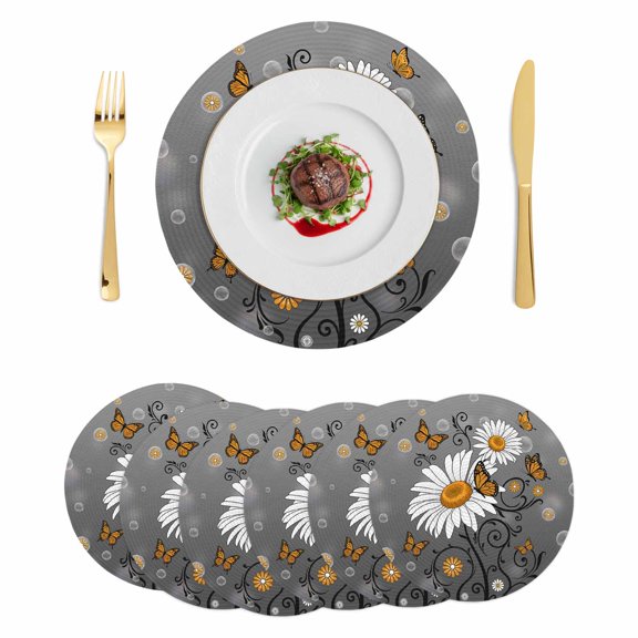 Daisy Butterfly Round 13 Inch Placemats Set of 6, Spring Floral Butterflies Grey Modern Art HeatResistant Non Slip Place Mats for Dining Table, Wipeable Braided Kitchen Table Mats for Housewarming