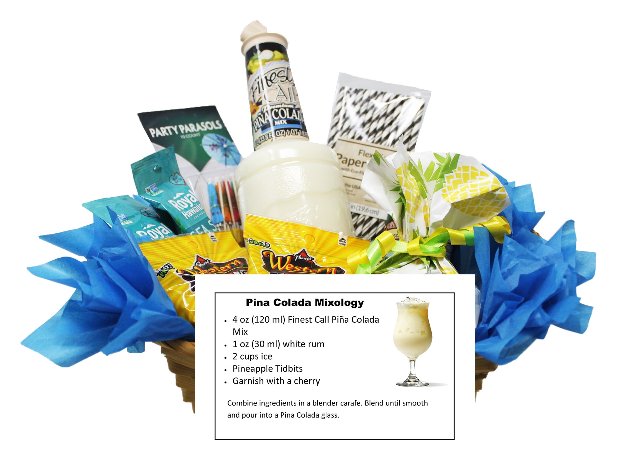 Pina Colada Cocktail Mix Gift Basket, Beverage Set with Cherries