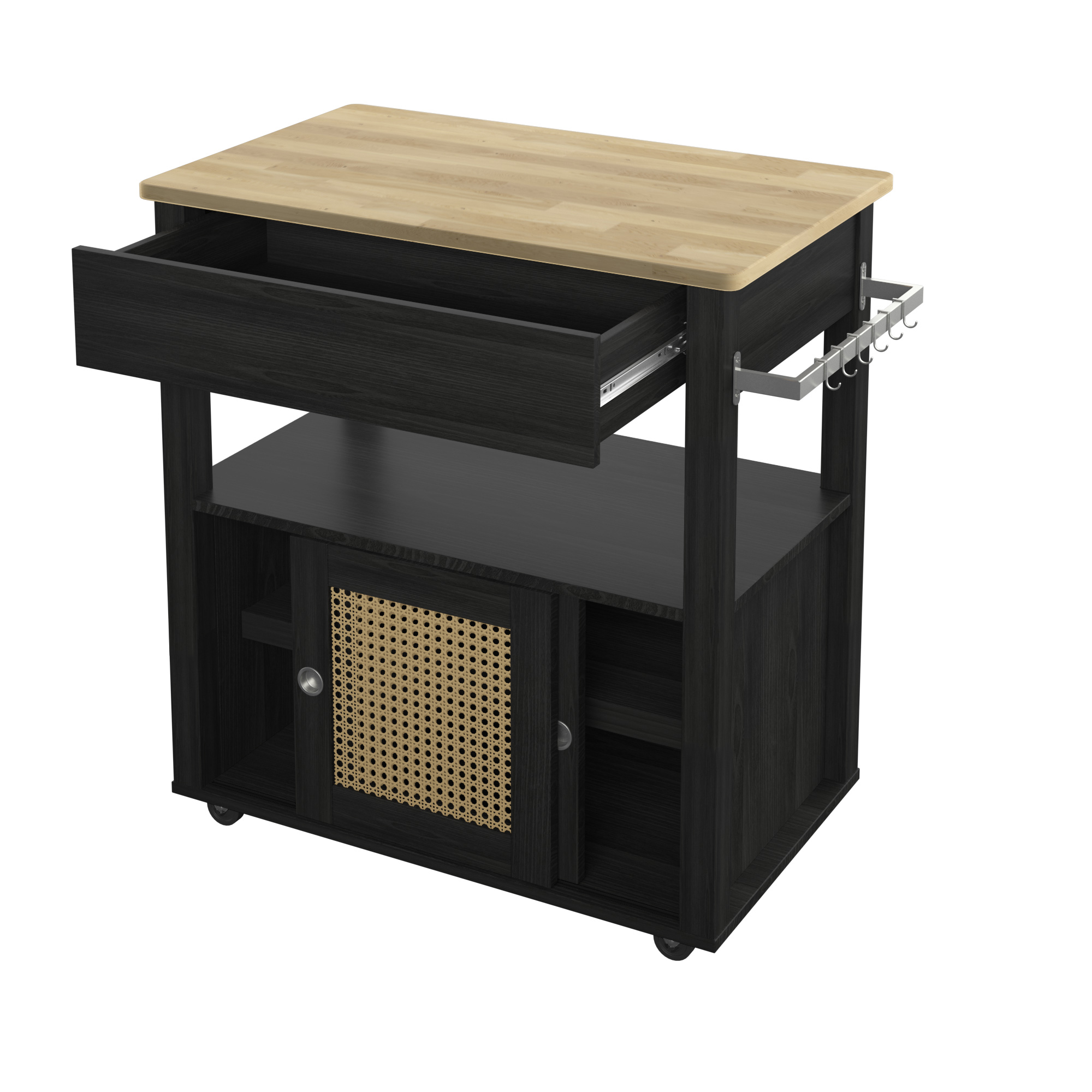 Twin Star Home Boho Kitchen Storage Cart with Sliding Doors, Black