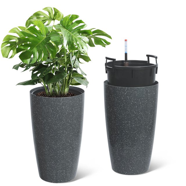 GloryStar Set of 2 Tall Plastic Self-Watering Planters, Includes Built-In Drainage and Water Level Indicator, Versatile for Patio, Porch, Living Room, Office, or Any Indoor/Outdoor Setting