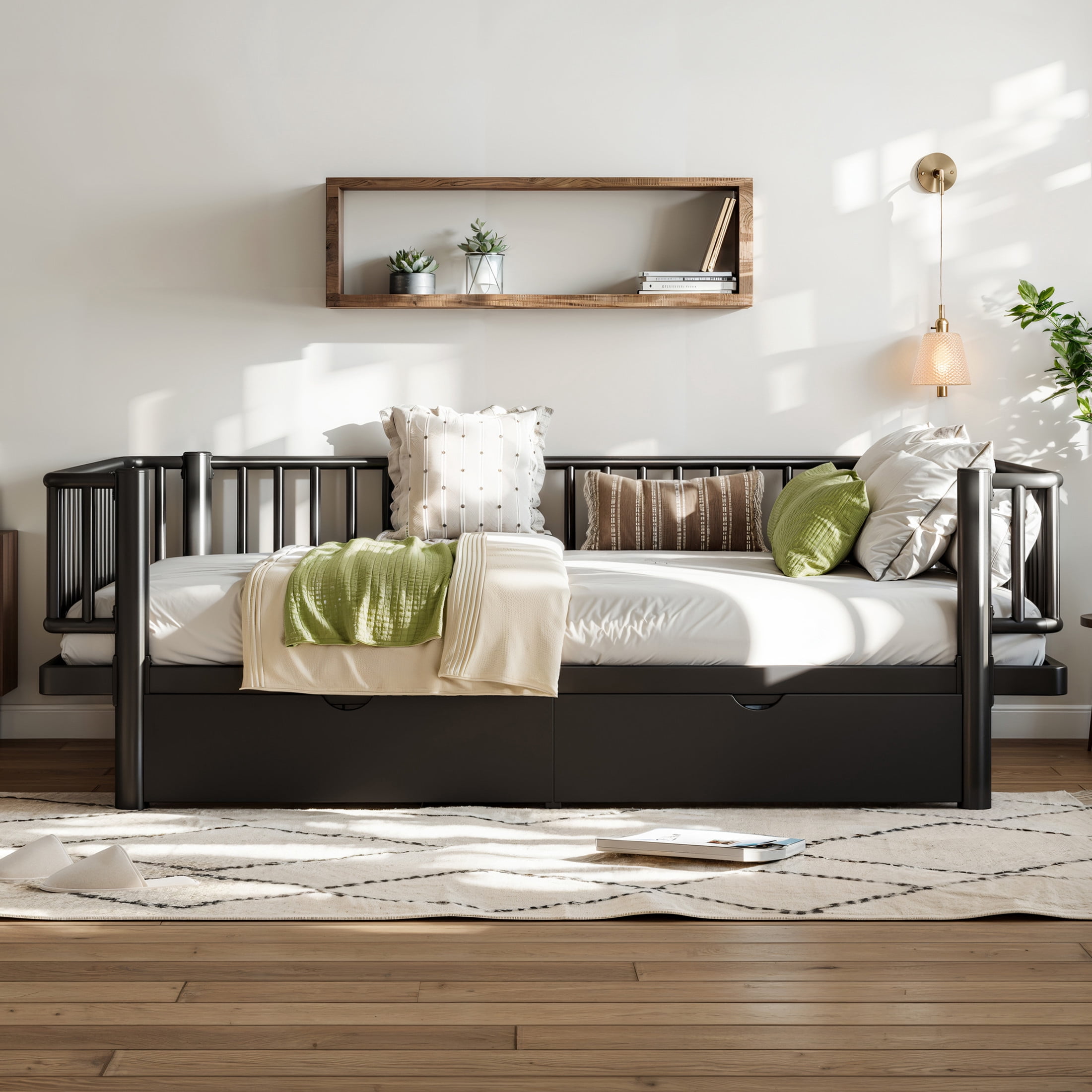 Noble House Full Size Platform Bed with Storage Drawers, Daybed Frame with Round-Pipe Design, Black