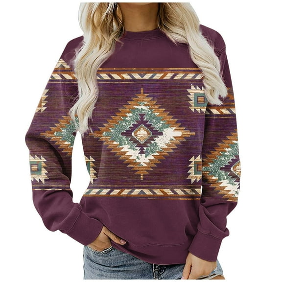 Tarmeek Women's Plus Size Crewneck Oversized Sweatshirts Casual Ethnic Print Long Sleeve Shirts Pullover Blouse Loose Hoodie Womens Fall Tops