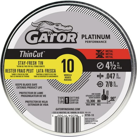 

Gator Blade Thincut Type 1 4-1/2 In. X 0.047 In. X 7/8 In. Metal/Stainless Cut-Off Wheel (10-Pack)