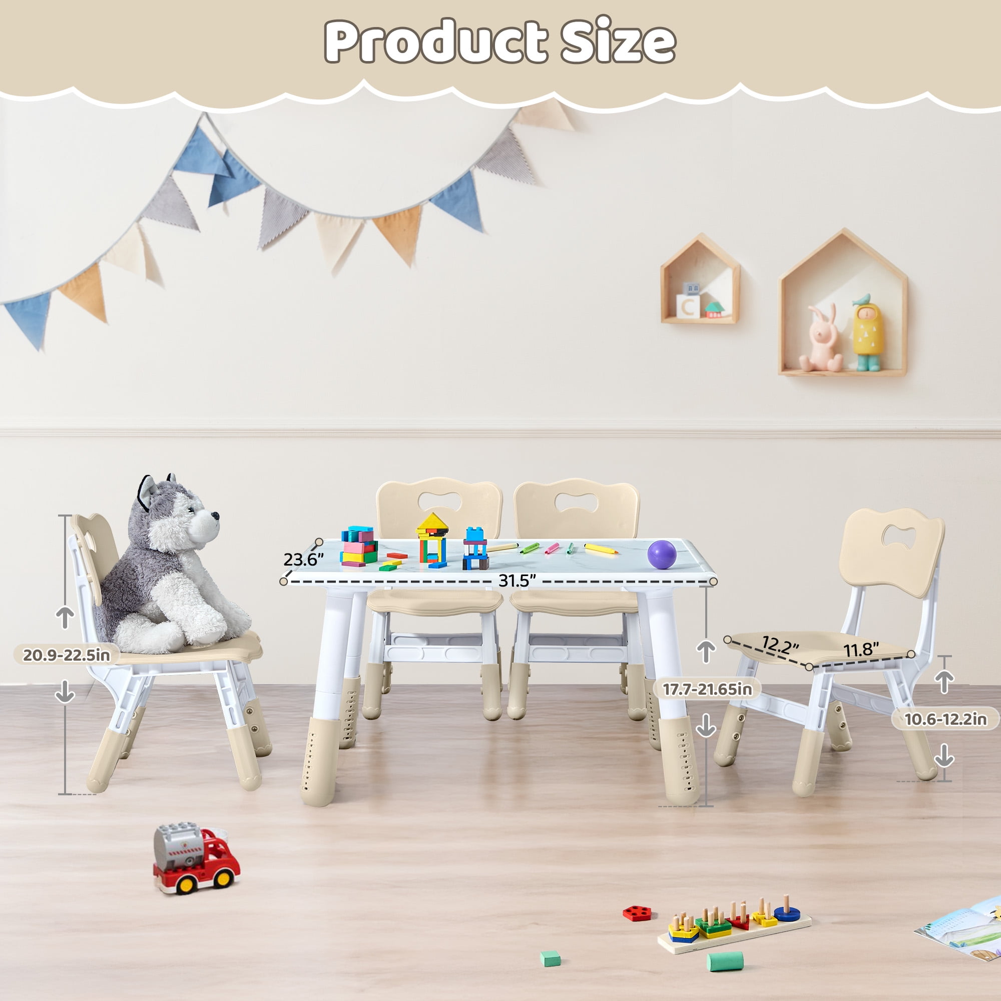 Toddler Table and 4 Chairs Set, Height Adjustable Kids Table and Chair Set, 31.5''L x 23.6''W, Marble Pattern & Graffiti Desktop, Children Multi-Activity Table for Home/Daycare/Classroom