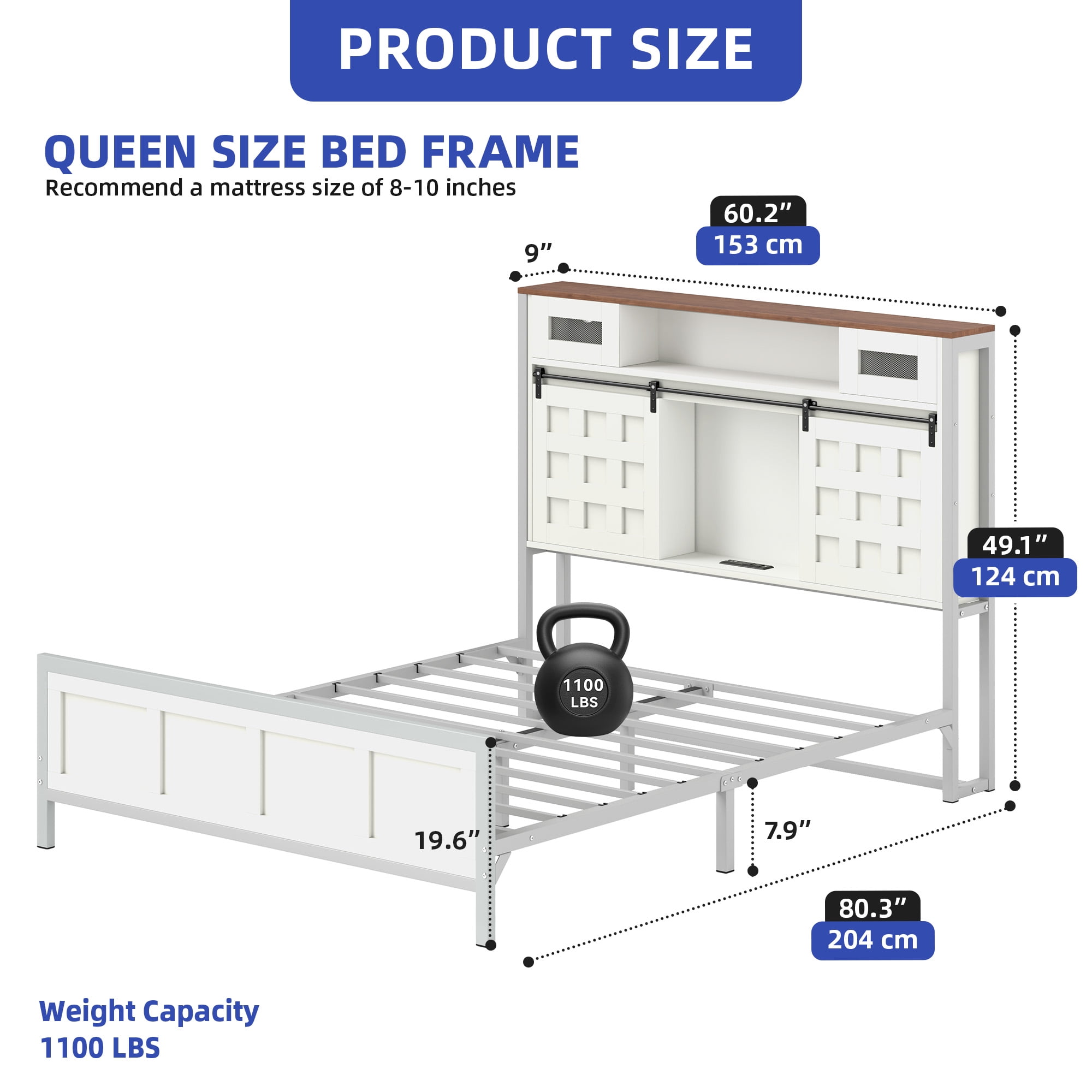 ModFusion Queen Size Bed Frame with Grid Barn Door Headboard Storage, LED Light Strip & USB Ports, White