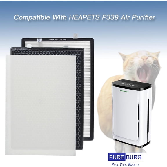 Filter Compatible With HEAPETS P339 Purifier # MPHELW-P339, 2-Pack H13 HEPA   Activated Carbon Filter   Pre-Filters x 8 Clean Dust VOCs Odor