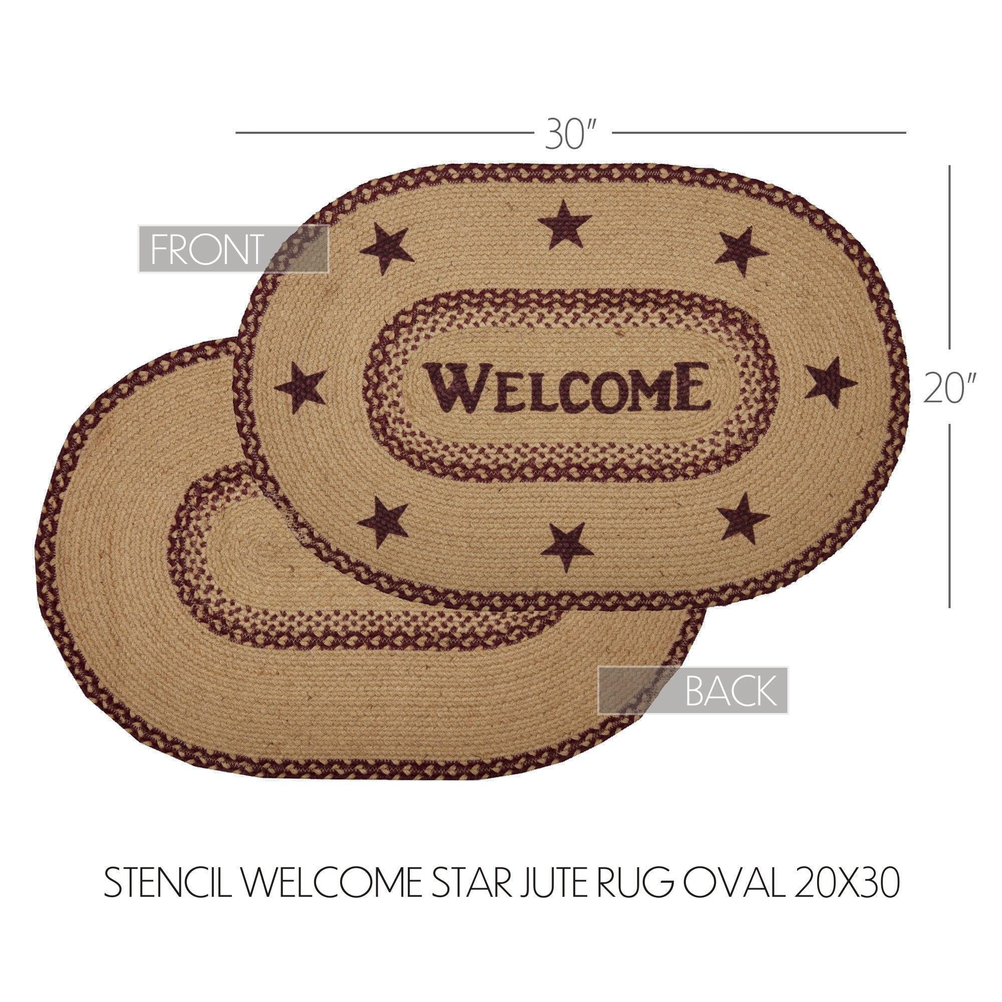 VHC Brands Burgundy Tan Jute Primitive 30"x20" Welcome Accent Rug Red Stenciled Text Oval Floor Decor